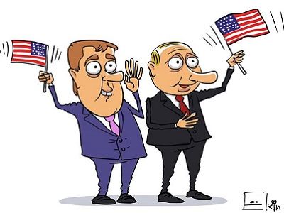 Празднование прихода Трампа. Карикатура С.Ёлкина, источник - www.facebook.com/sergey.elkin1